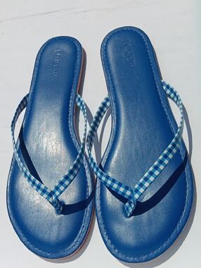 J. Crew Cobalt Blue Leather Flip Flops with Blue Gingham Straps